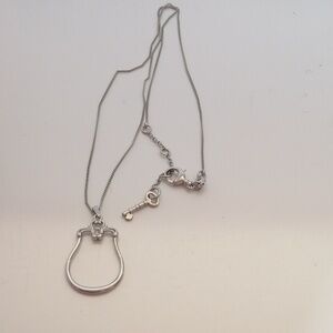 Fossil Charm Holder Pendant Minimalist Rhinestone Stainless Steel Chain Necklace